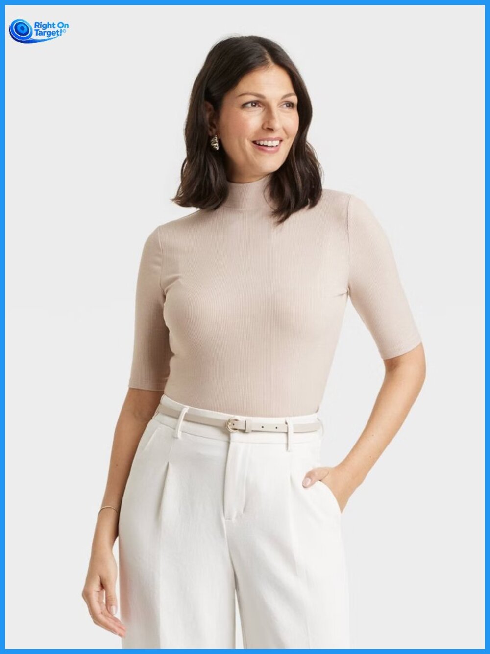 Medium - Womens Elbow Sleeve Mock Turtle Neck Ribbed TShirt - A New Day - Beige